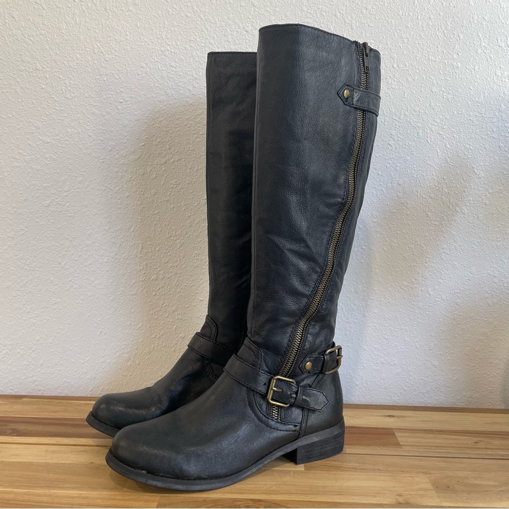 STEVE MADDEN Black Synicle Leather Knee High Zip Up Moto Ridding Boots Size 8.5M